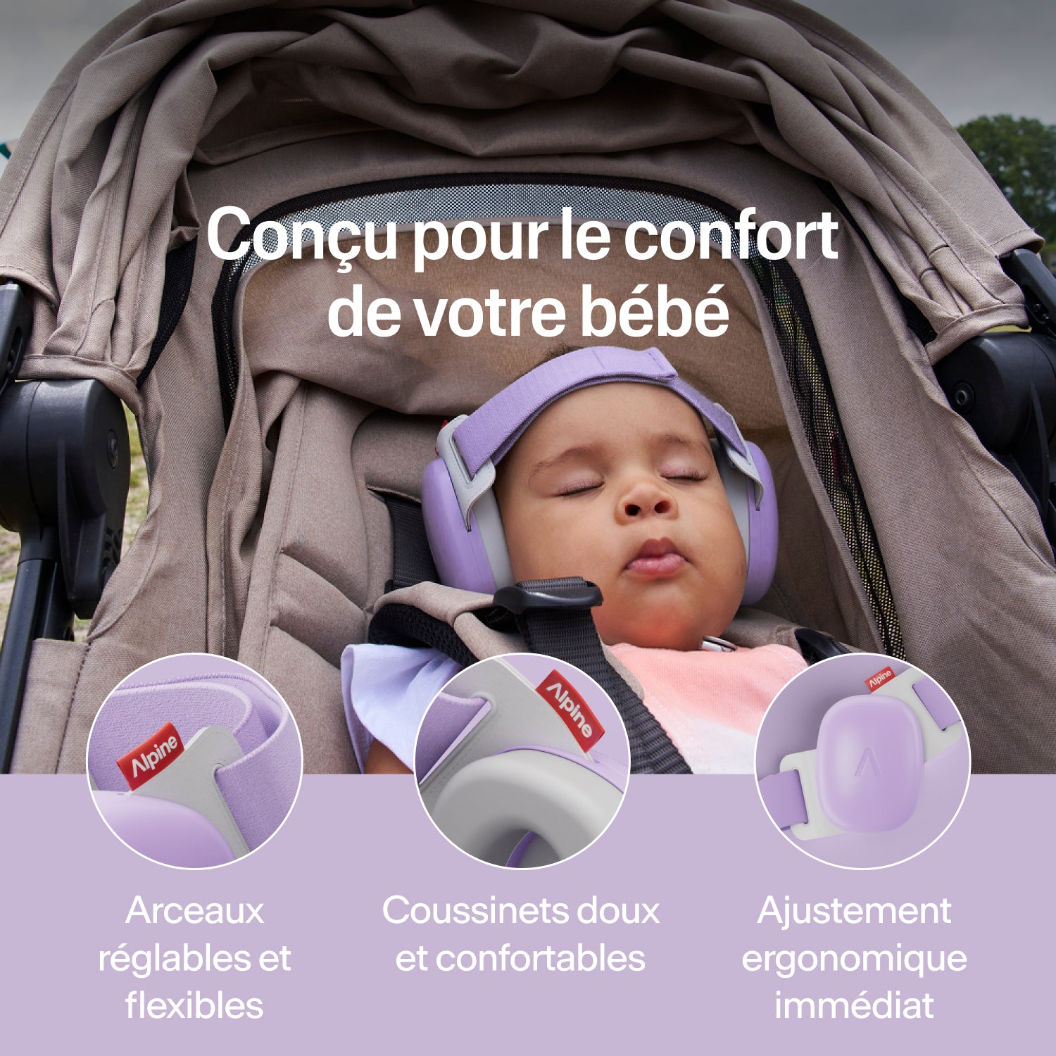 Bébé endormi en poussette portant un casque Alpine violet; bandeau réglable, coussinets doux