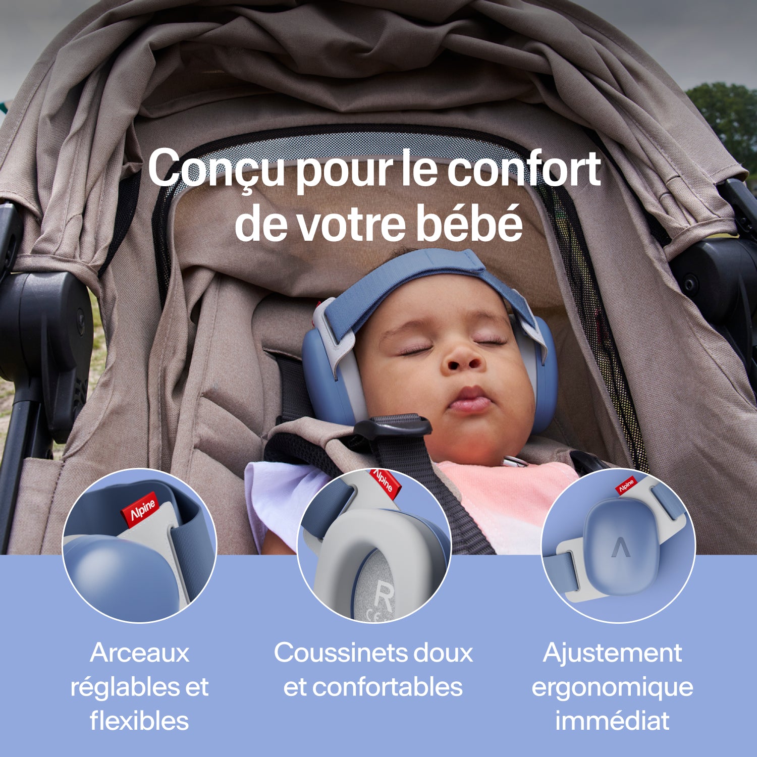 Bébé endormi en poussette portant un casque Alpine bleu denim; bandeau réglable, coussinets doux