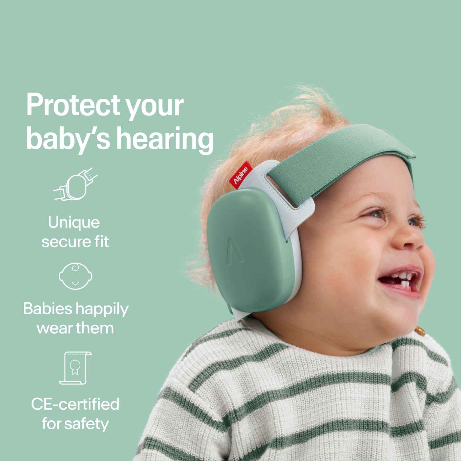 Happy baby wearing sage-green Alpine ear muffs with secure fit, CE-certified hearing protection