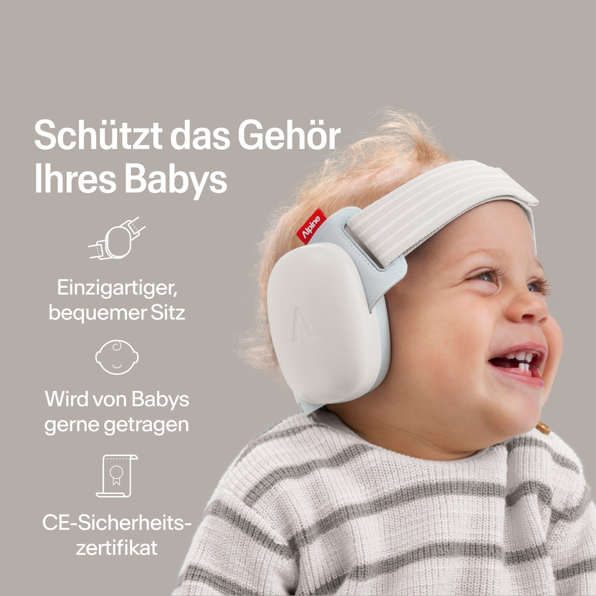 Fröhliches Baby trägt Alpine Gehörschutz soft-sand, sicherer Sitz, CE-zertifizierter Gehörschutz