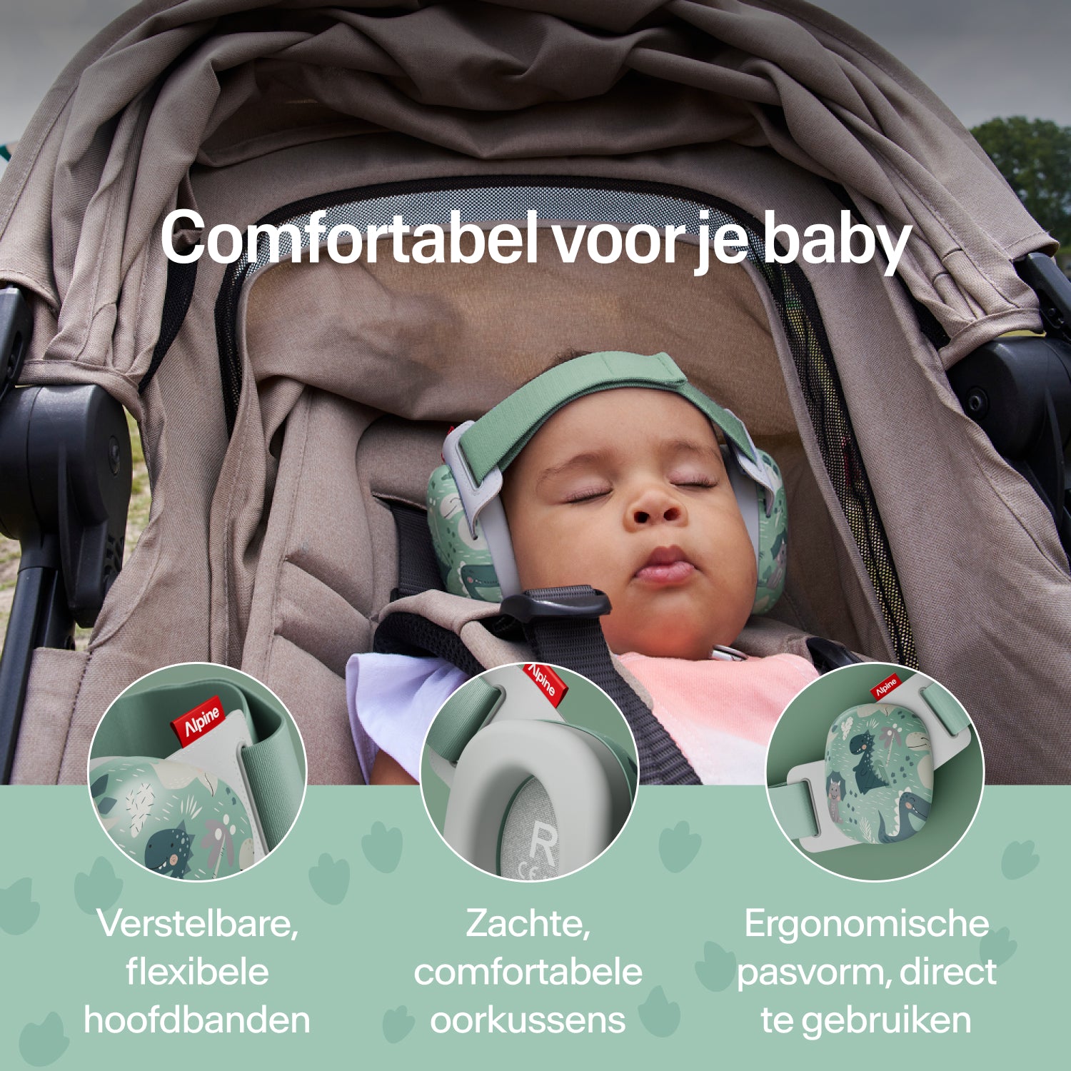 Slapende baby in kinderwagen met Alpine gehoorbescherming met dinosaurusprint; verstelbare band