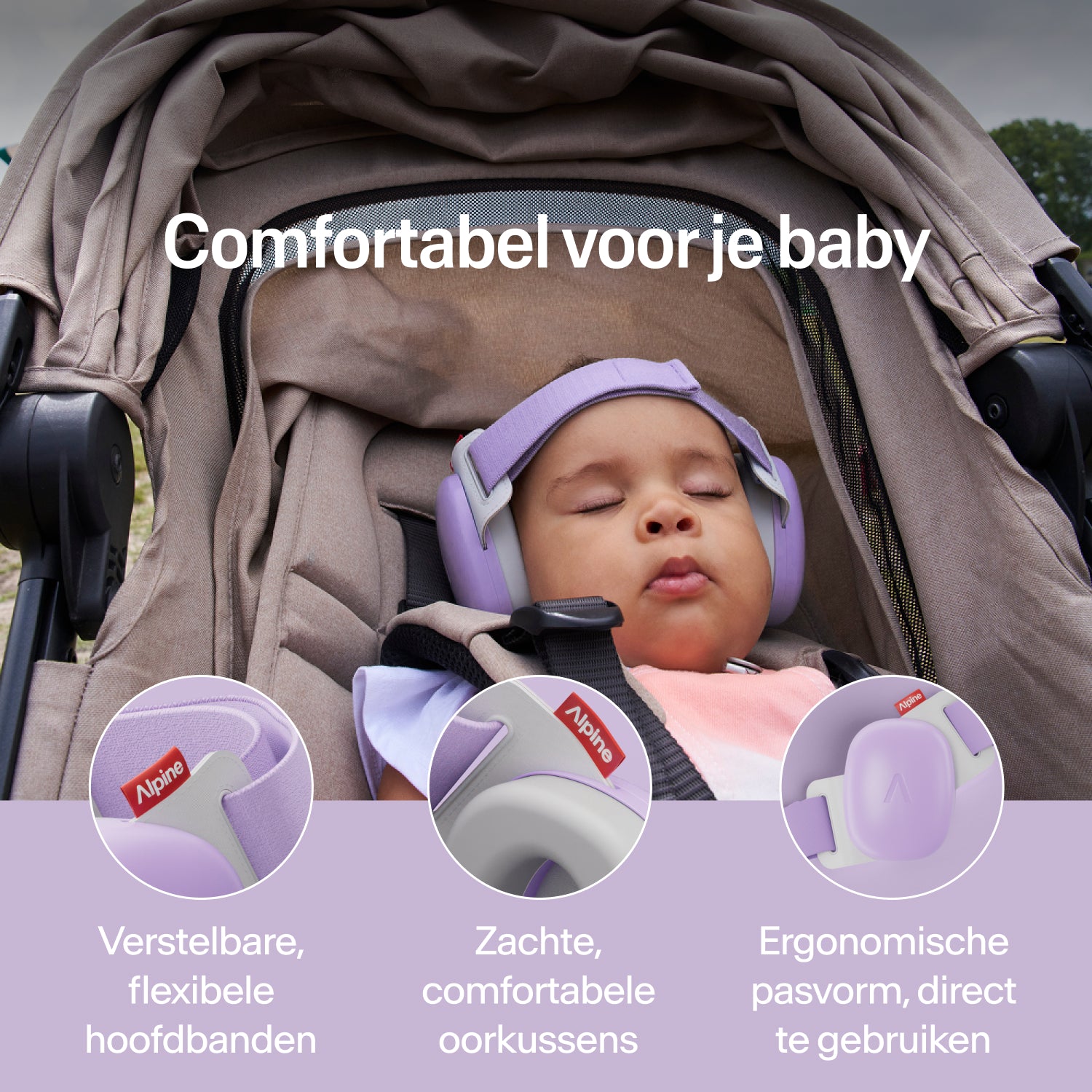 Slapende baby in kinderwagen met paarse Alpine gehoorbescherming; verstelbare band, zachte oorkussens