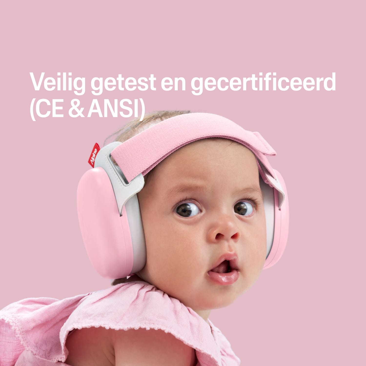 Baby met roze Alpine gehoorbescherming, veilig getest en gecertificeerd CE & ANSI