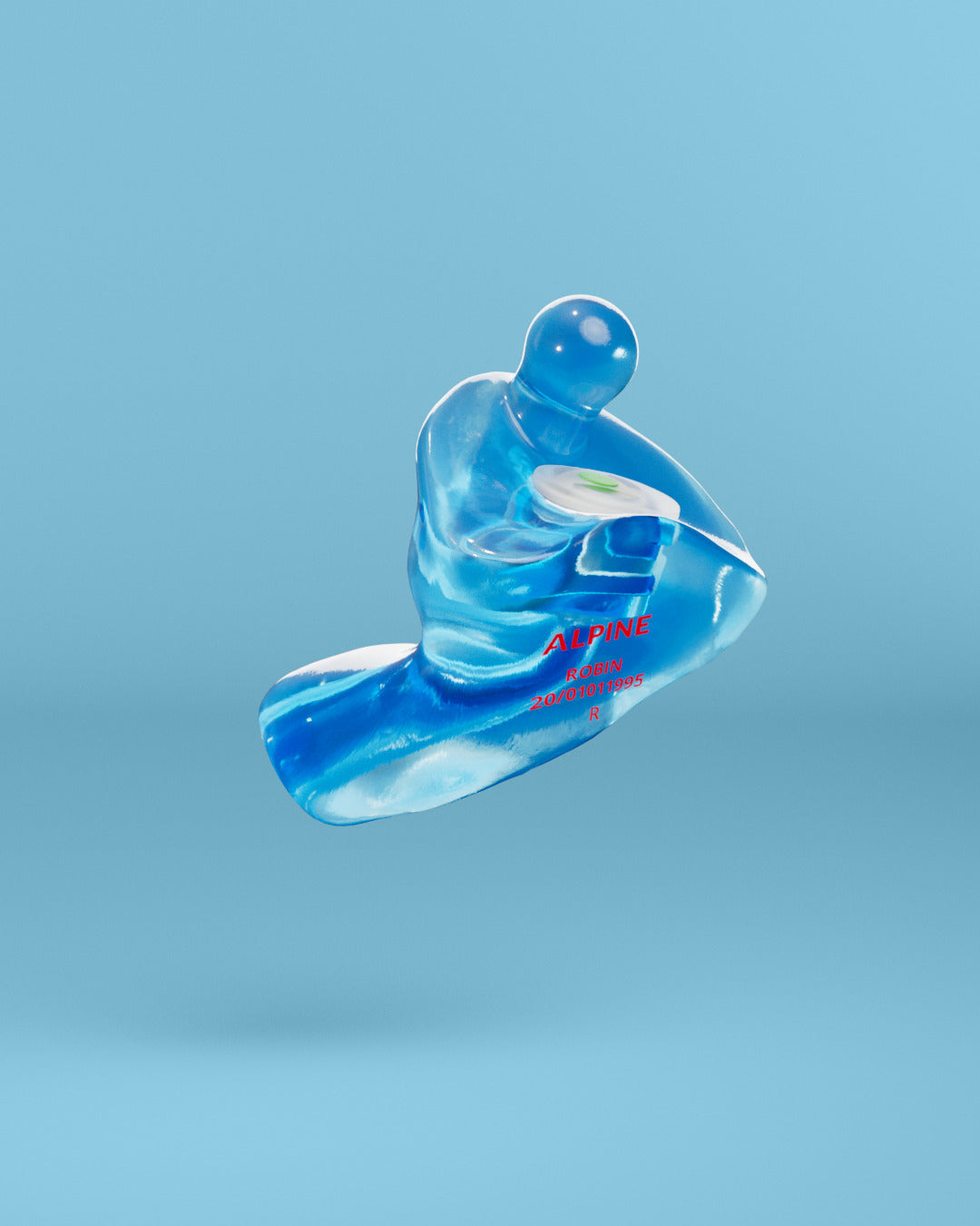Alpine MotoSafe Custom Transparent Blue earplug with filter, 3D render on a blue background