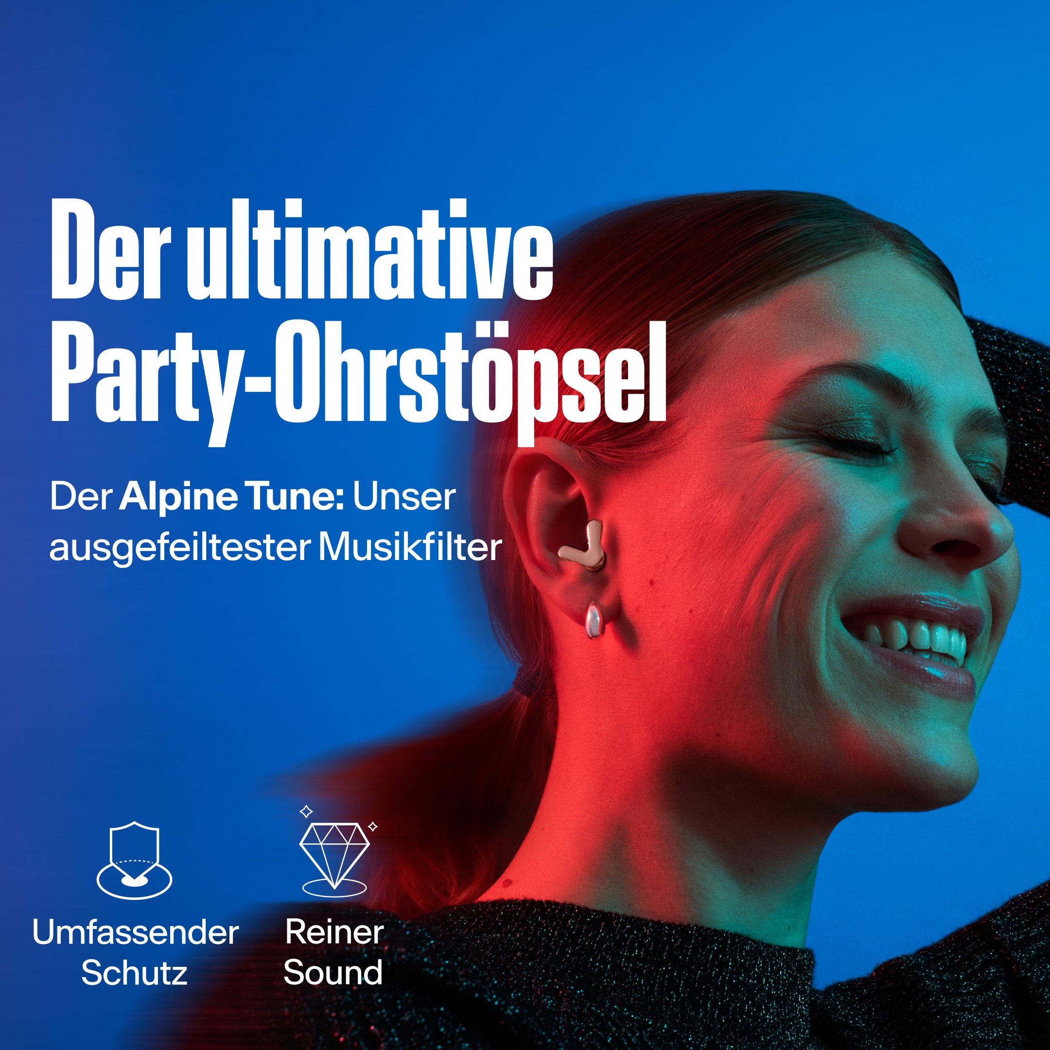 Frau trägt Alpine Tune in rose gold, zeigt Vorteile – Tune ist der fortschrittlichste Musikfilter