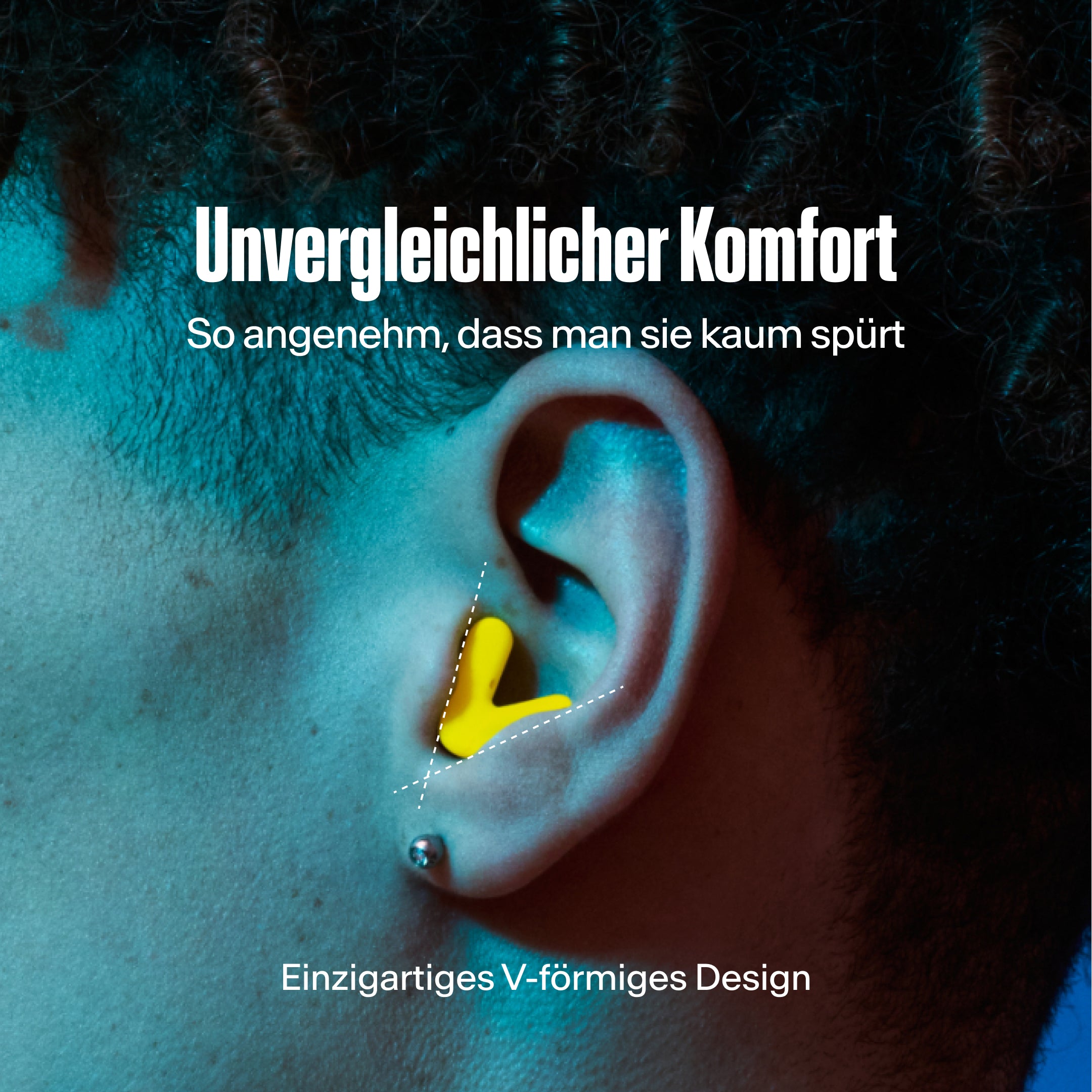 Detailaufnahme eines Ohrs mit Alpine Tune Ohrstöpsel in neon yellow – zeigt den festen Sitz im Ohr #color_neon-yellow