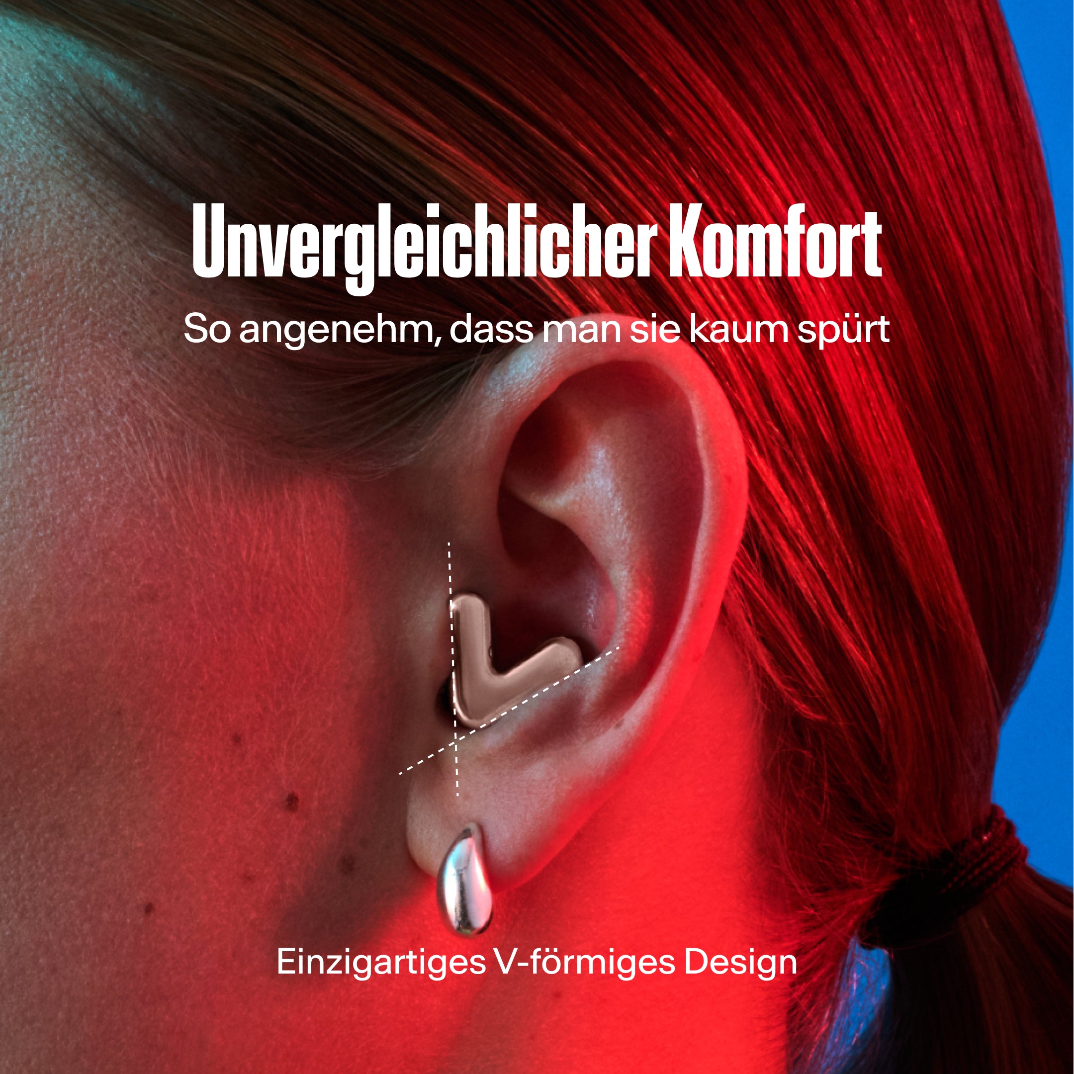 Detailaufnahme eines Ohrs mit Alpine Tune Ohrstöpsel in rose gold – zeigt den festen Sitz im Ohr #color_rose-gold