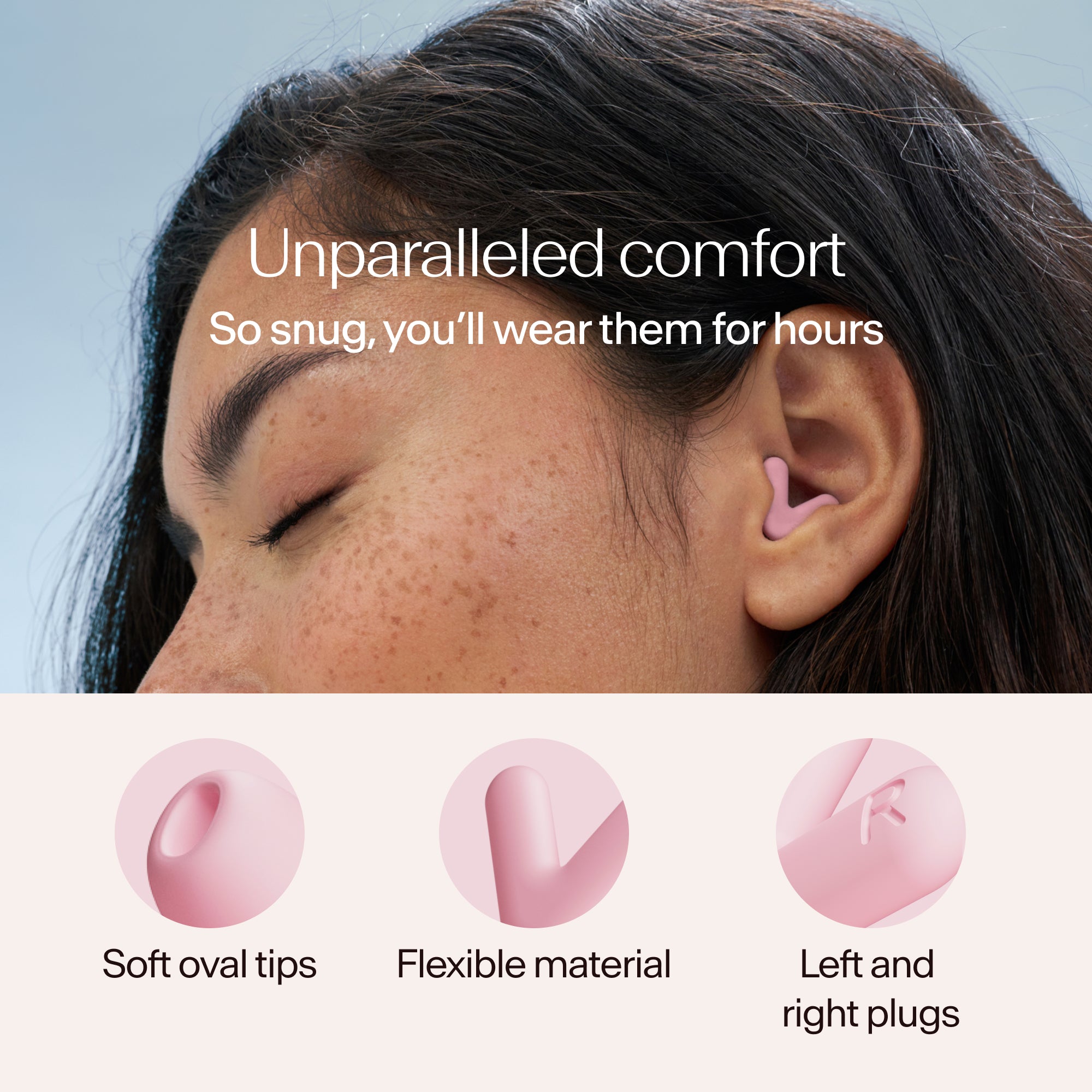 Close-up of a person wearing Alpine Silence earplugs in pink, with text about comfort and product features