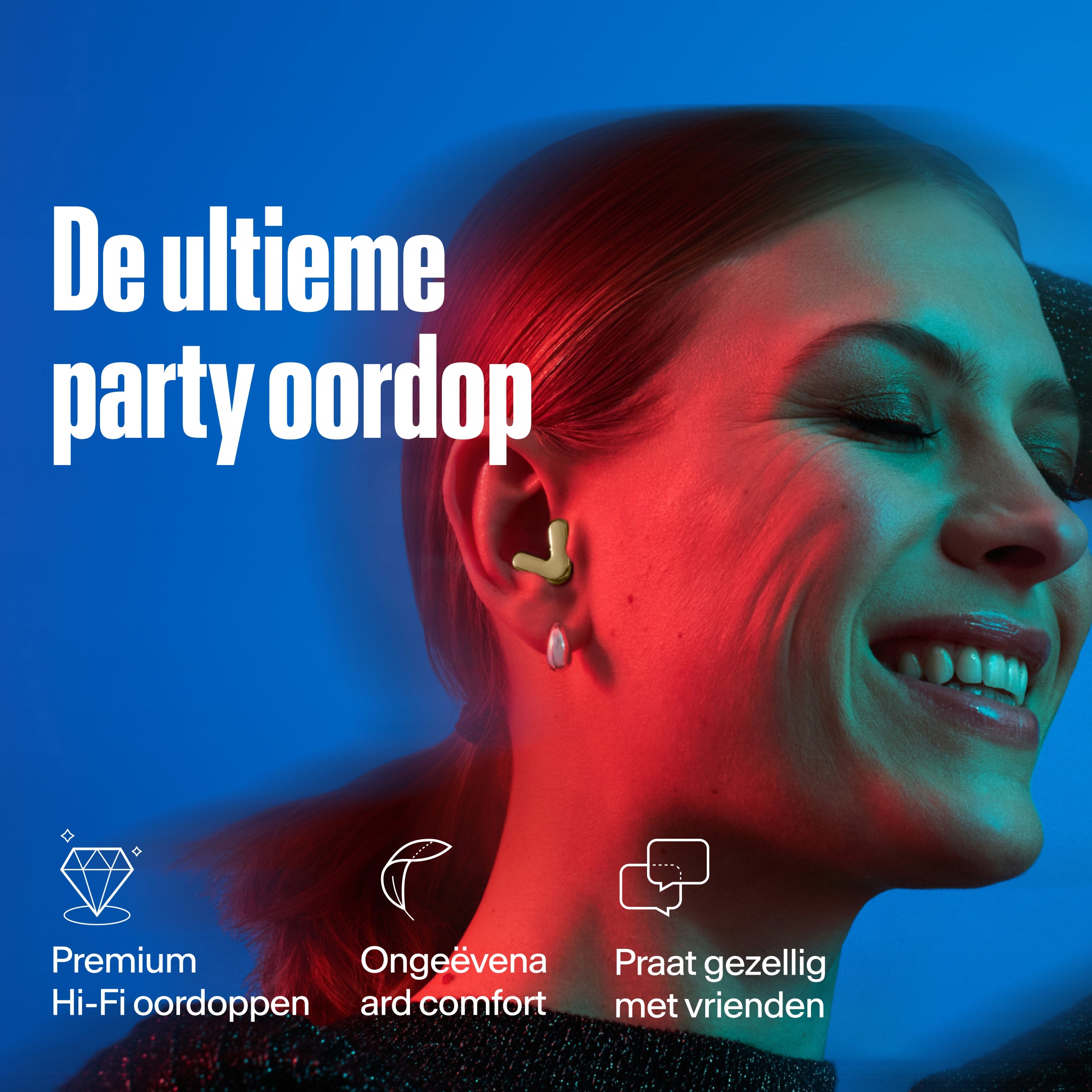 Vrouw draagt Alpine Tune in goud – toont USP geavanceerde muziekfilter