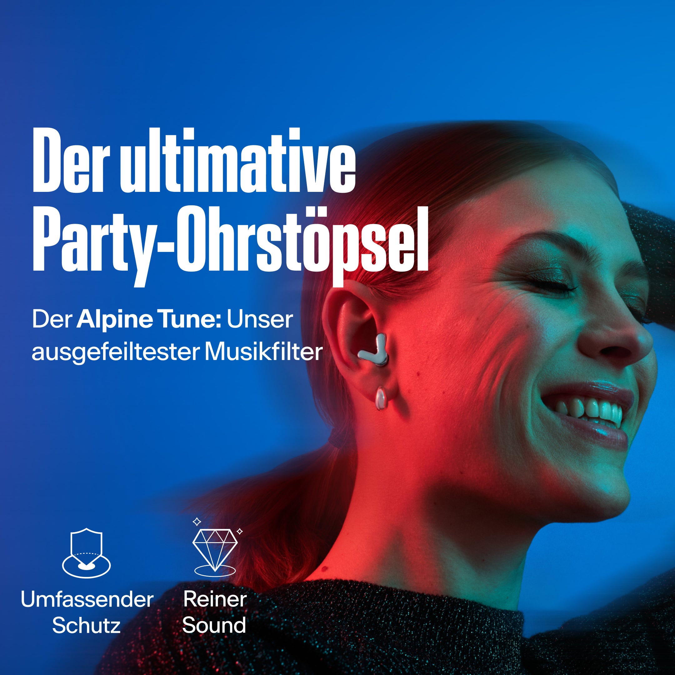 Frau trägt Alpine Tune in Silber – zeigt USP fortschrittlicher Musikfilter