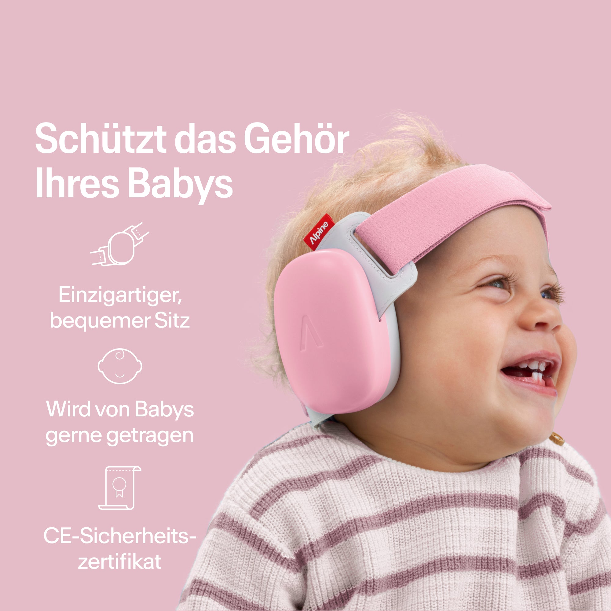 Fröhliches Baby trägt Alpine Gehörschutz rose-pink, sicherer Sitz, CE-zertifizierter Gehörschutz 