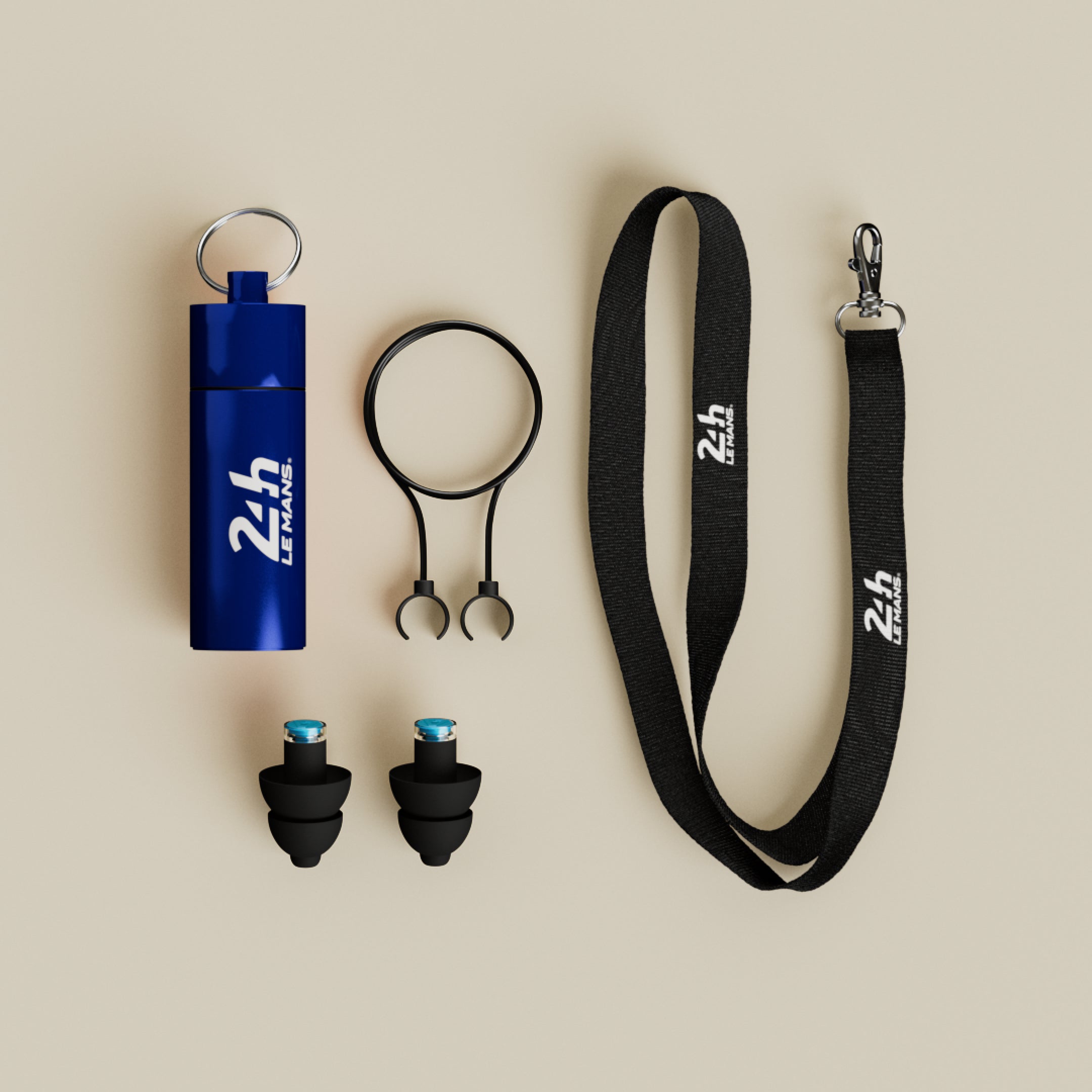 Alpine 24h Le Mans® Earplugs with blue 24h Le Mans carrying tube, safety cord and lanyard, top view 