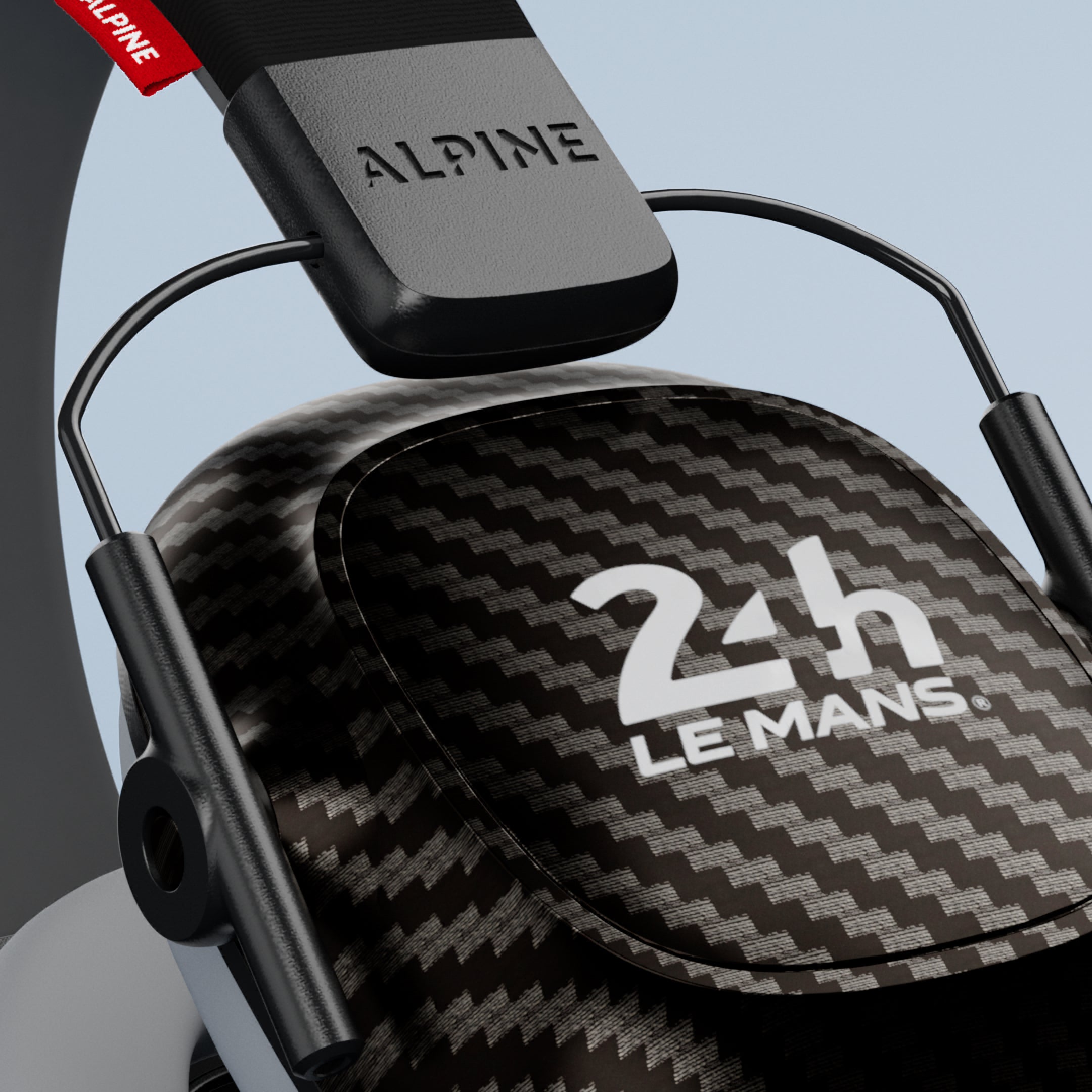 Close-up of an Alpine 24h Le Mans Muffy ear cup with 24h Le Mans logo and Alpine headband 