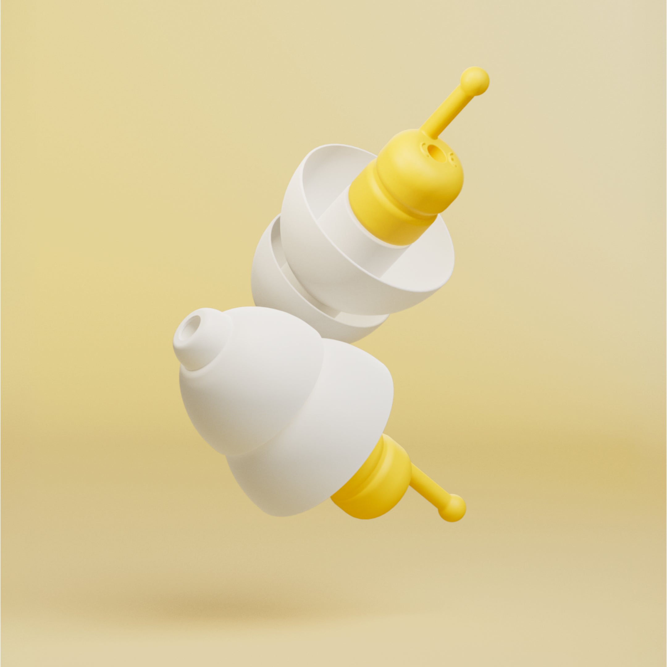 Alpine FlyFit pair of white earplugs with yellow filters and pull stems, 3D render on a yellow background 