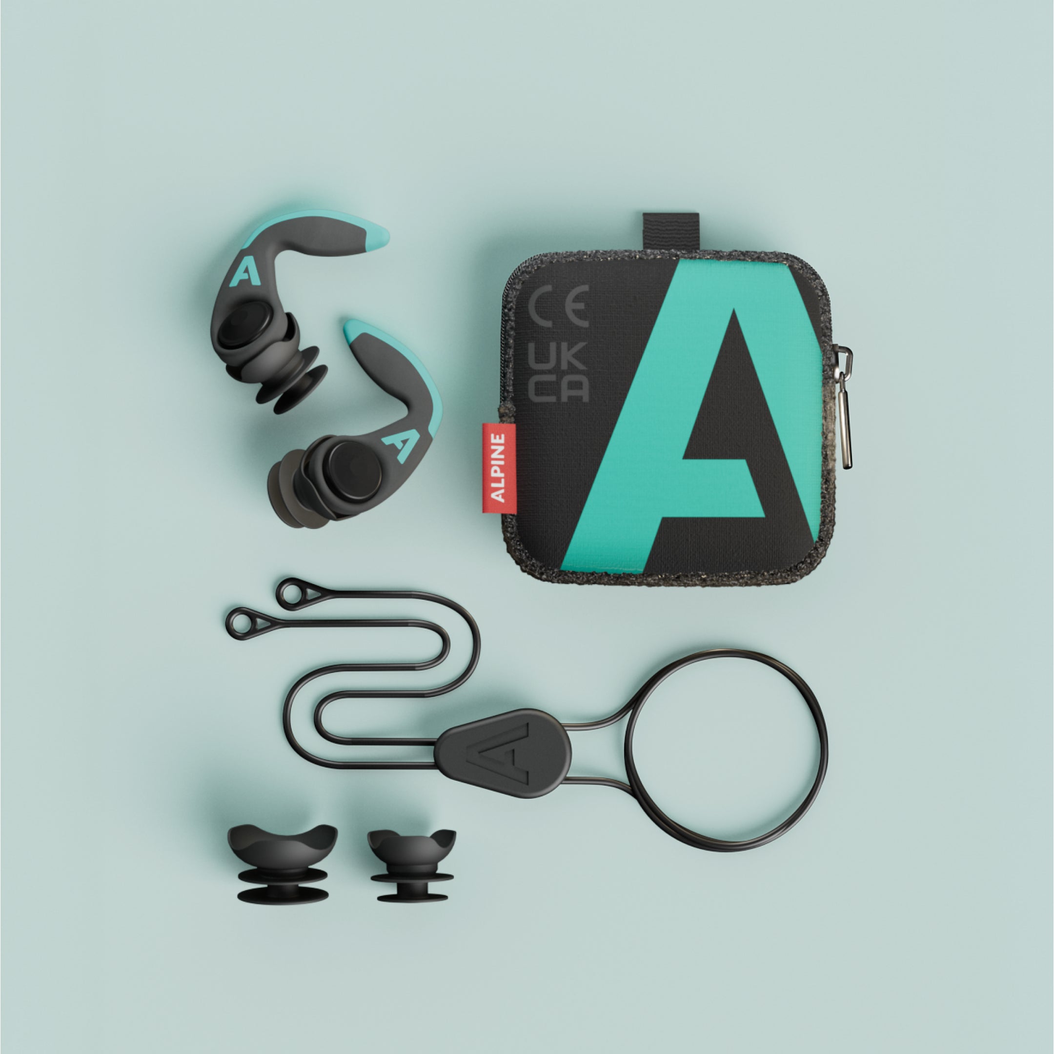 Alpine WaterSafe Pro earplugs with pouch, safety cord and spare ear tips, top view 