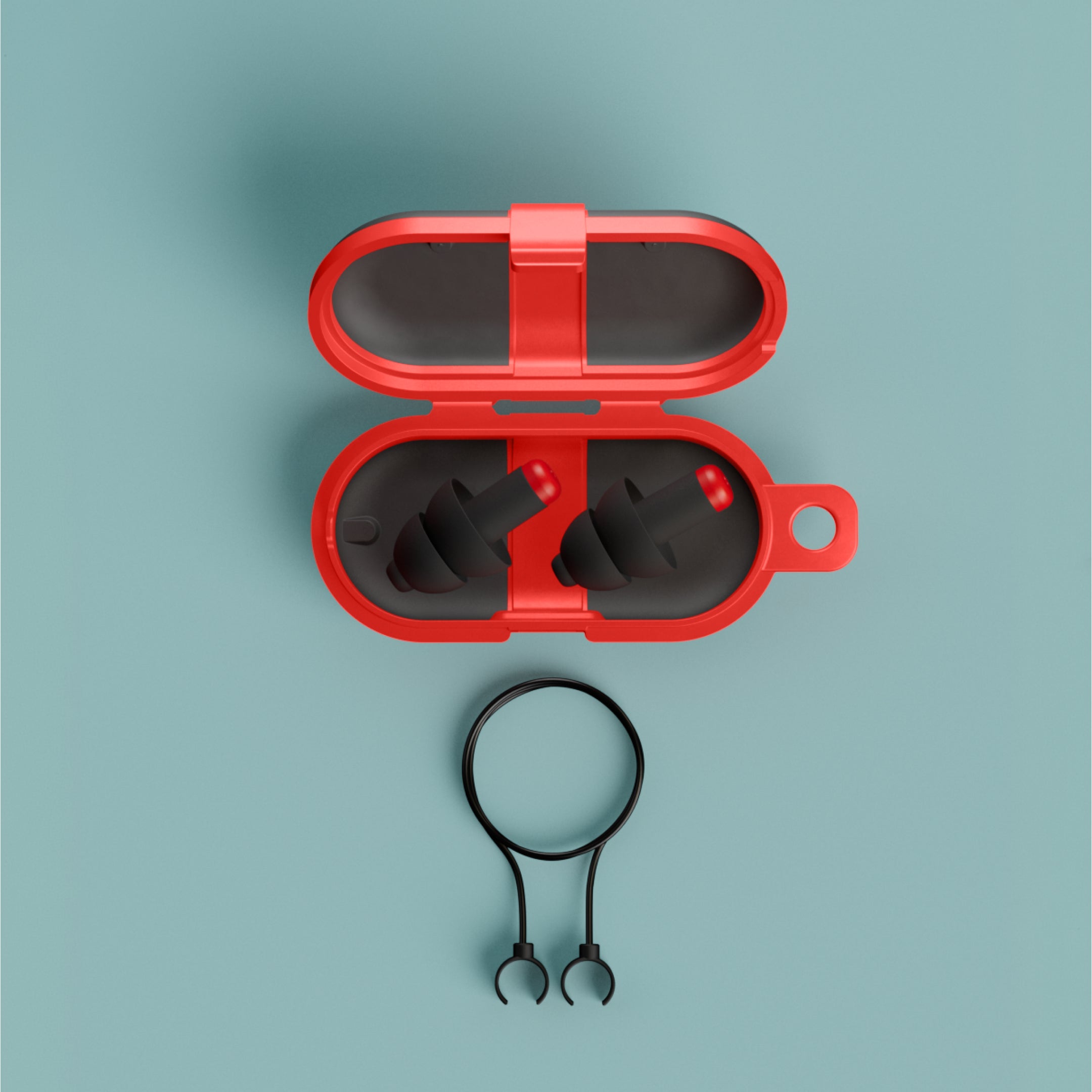 Pair of Alpine WorkSafe earplugs in an open red travel case, with detachable cord