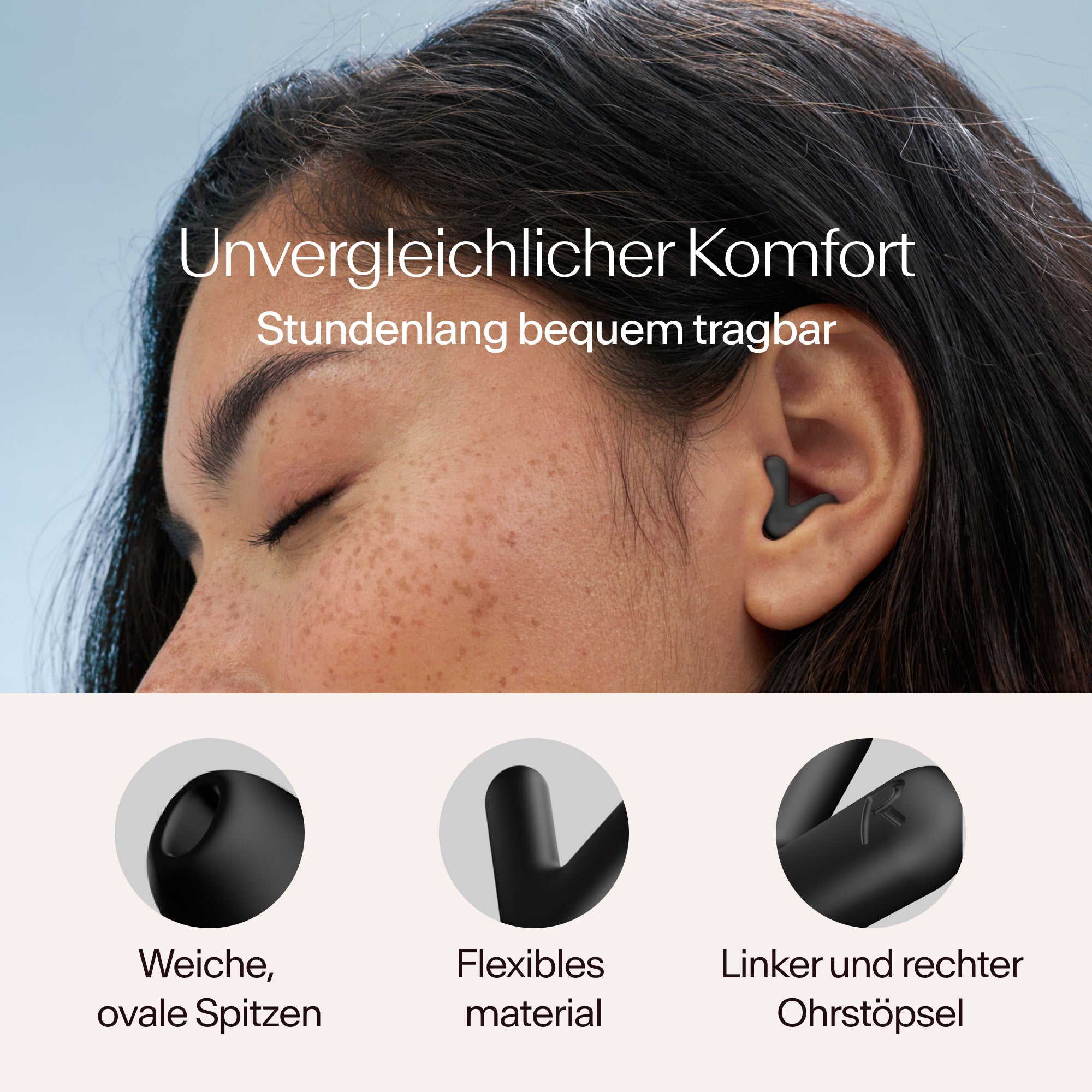 Alpine Silence Ohrstöpsel im Ohr mit wichtigsten Merkmalen #color_black