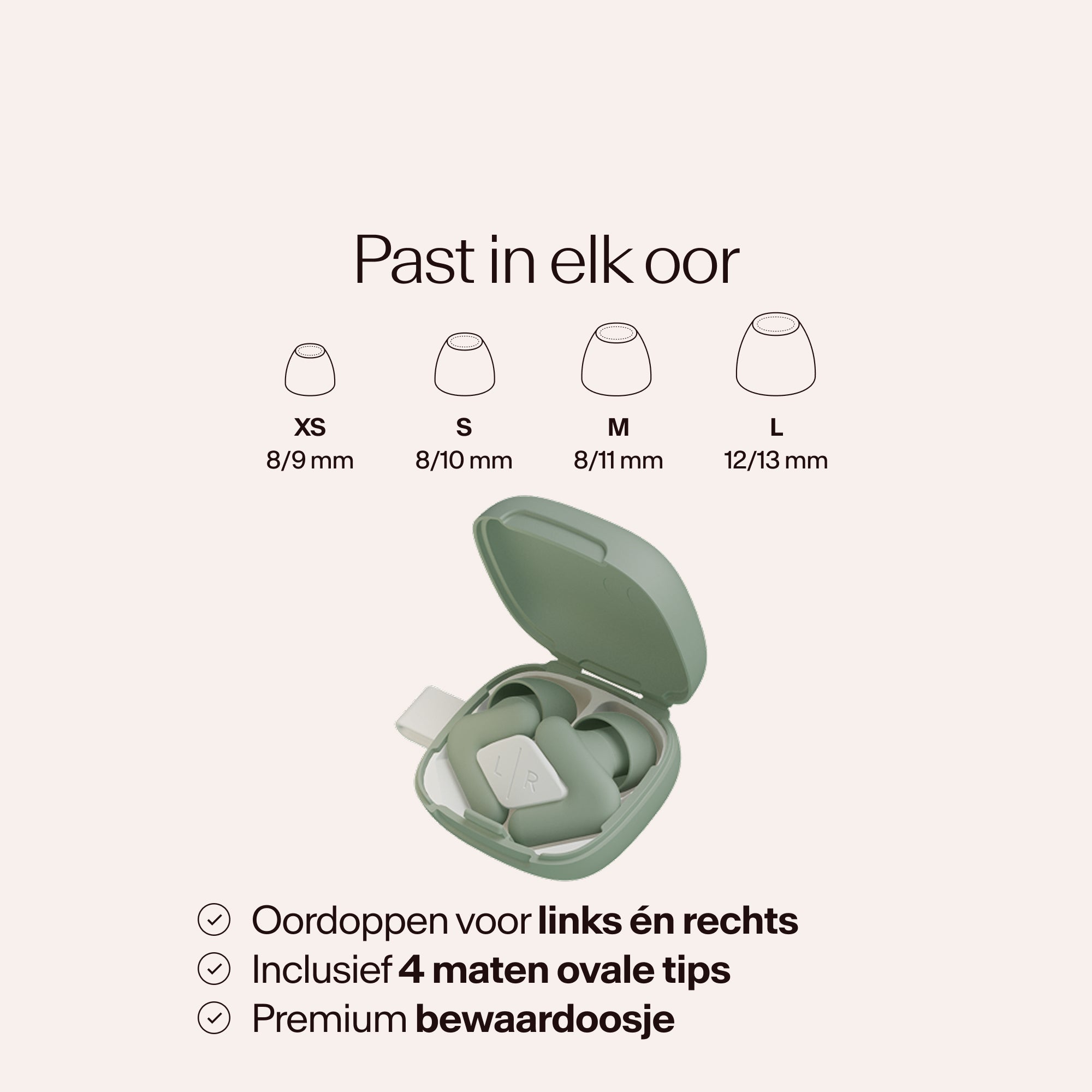 Beige earbud case with size chart on a light pink background #color_green  #lang_nl