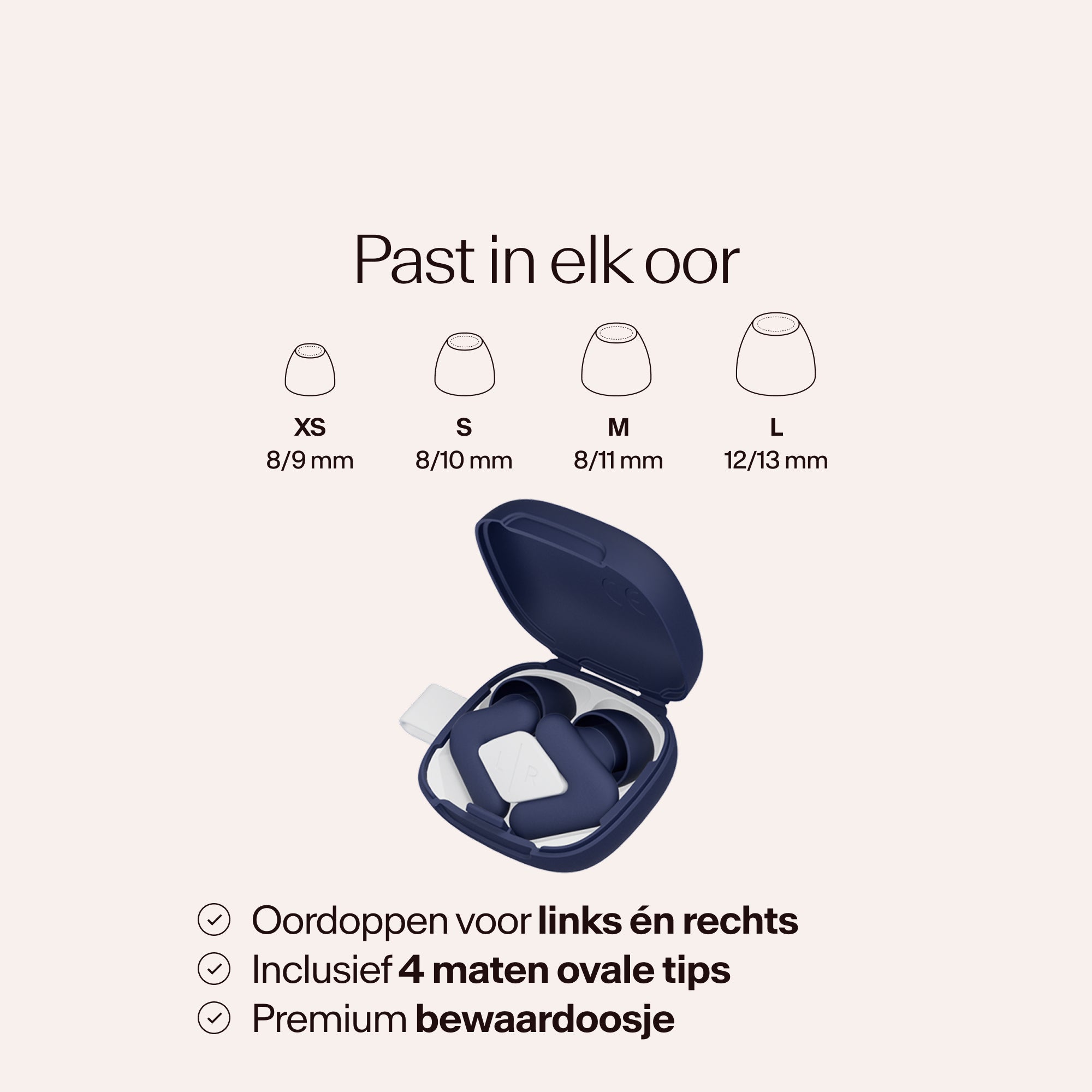 Beige earbud case with size chart on a light pink background #color_midnight-blue  #lang_nl
