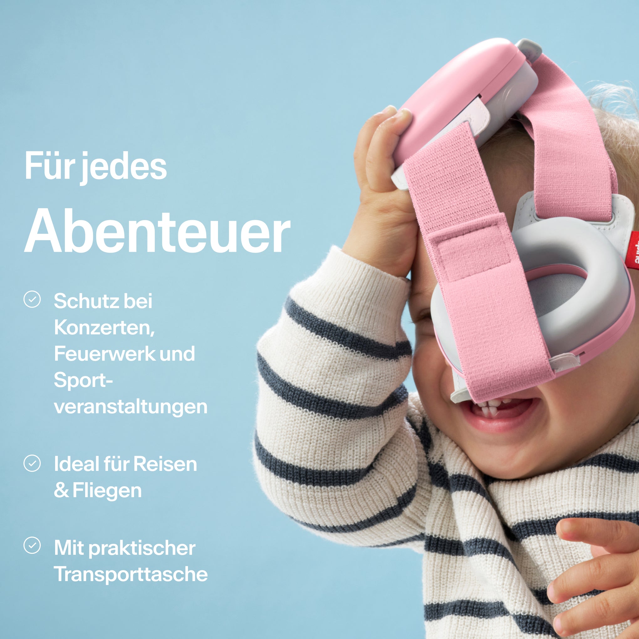 baby hält alpine muffy baby in rose pink in der hand mit usps zum gebrauch