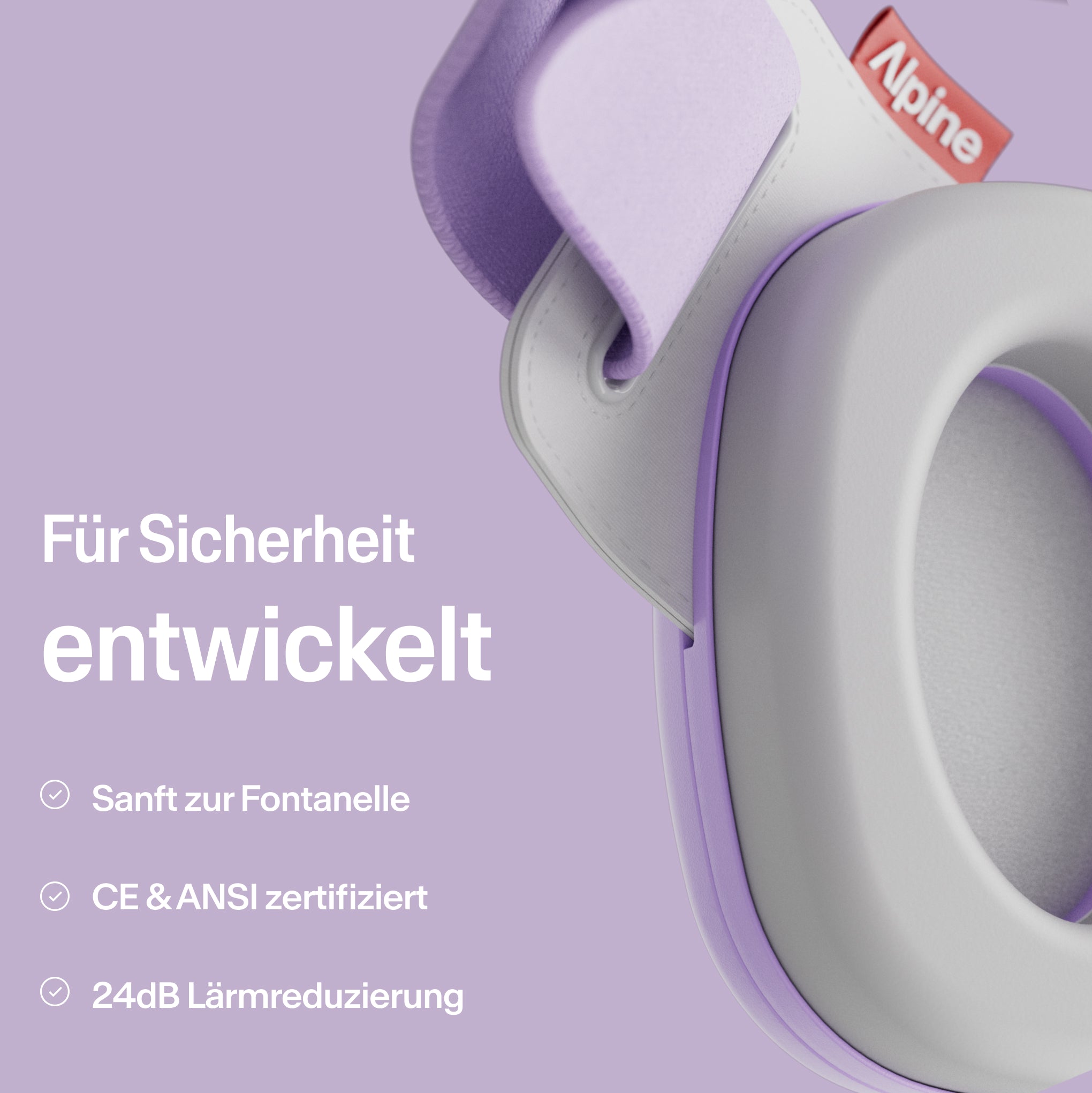 nahaufnahme alpine muffy baby in dawn purple und erläuterung zur sicherheit des produktes