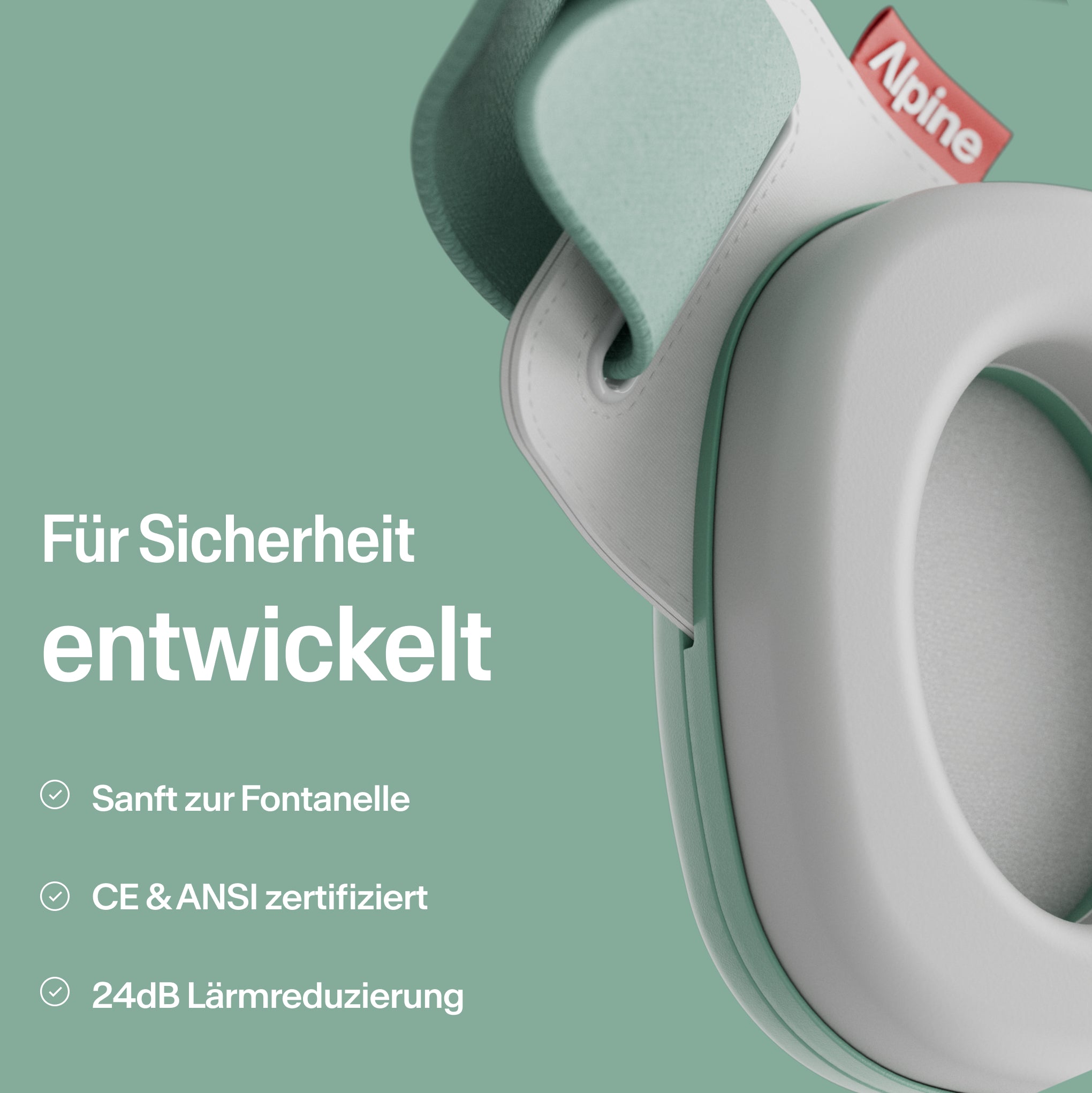 nahaufnahme alpine muffy baby in sage green und erläuterung zur sicherheit des produktes