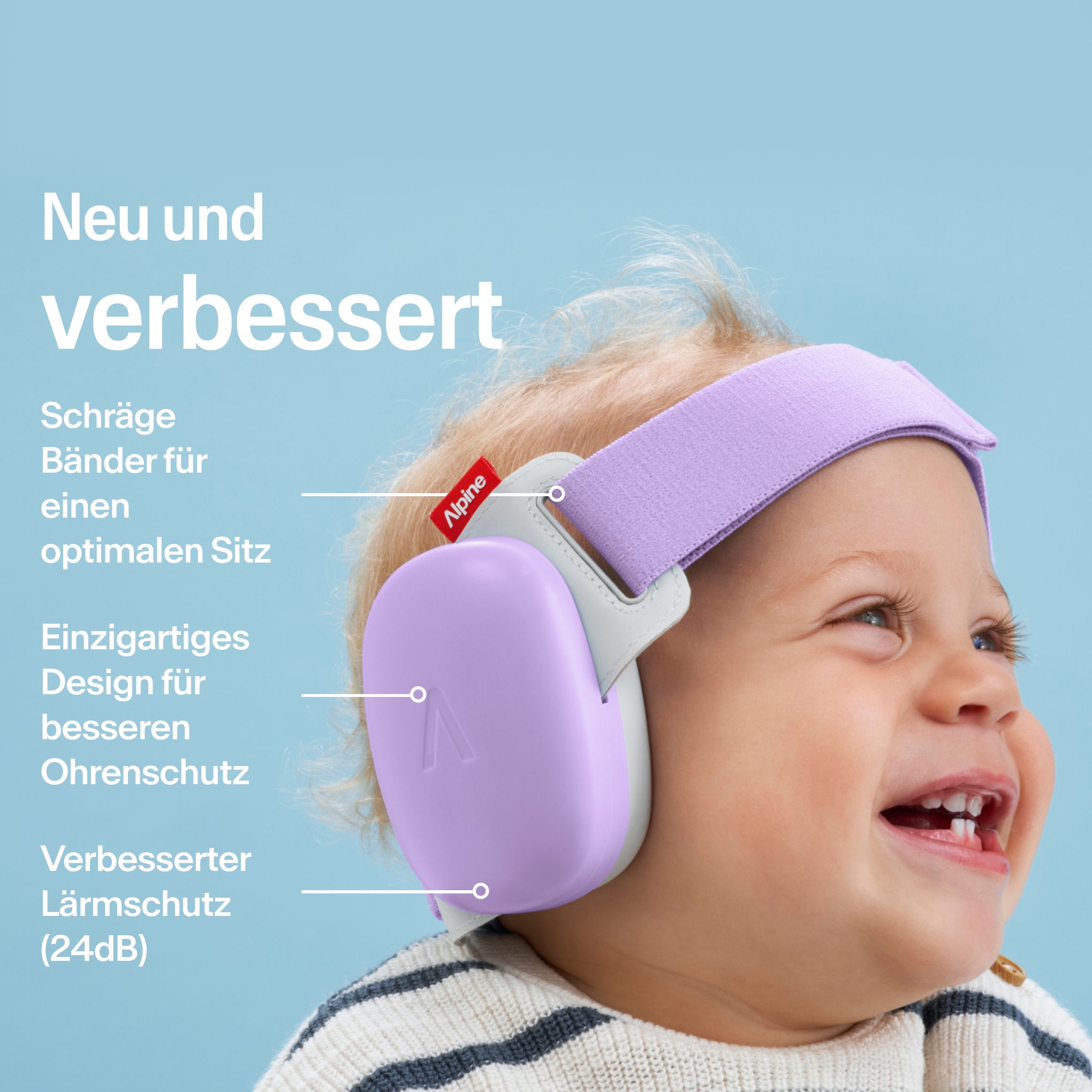 baby trägt alpine muffy baby in dawn purple auf dem kopf