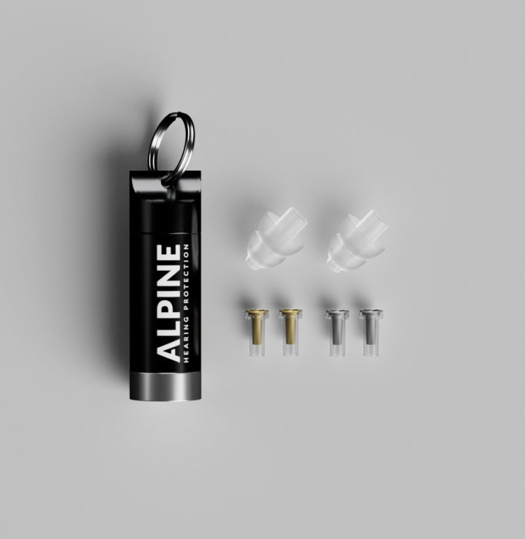 Alpine MusicSafe set with two earplugs, two pairs of filters and black Alpine keychain case 