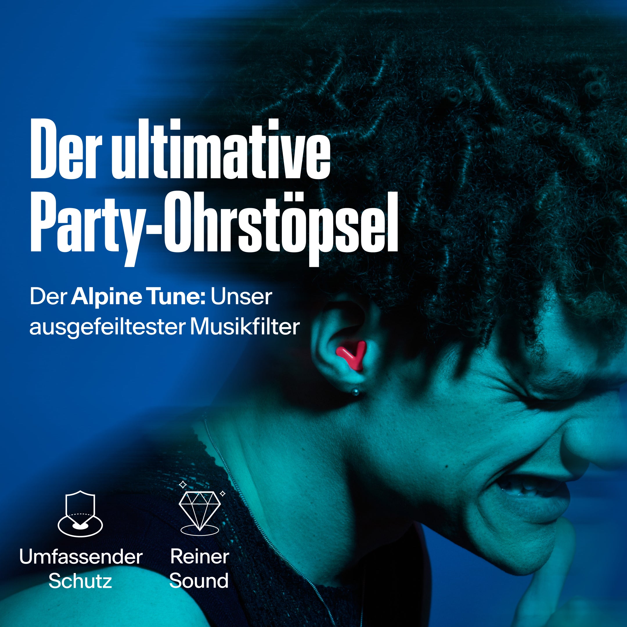 Mann trägt Alpine Tune in neon pink, zeigt Vorteile – Tune ist der fortschrittlichste Musikfilter