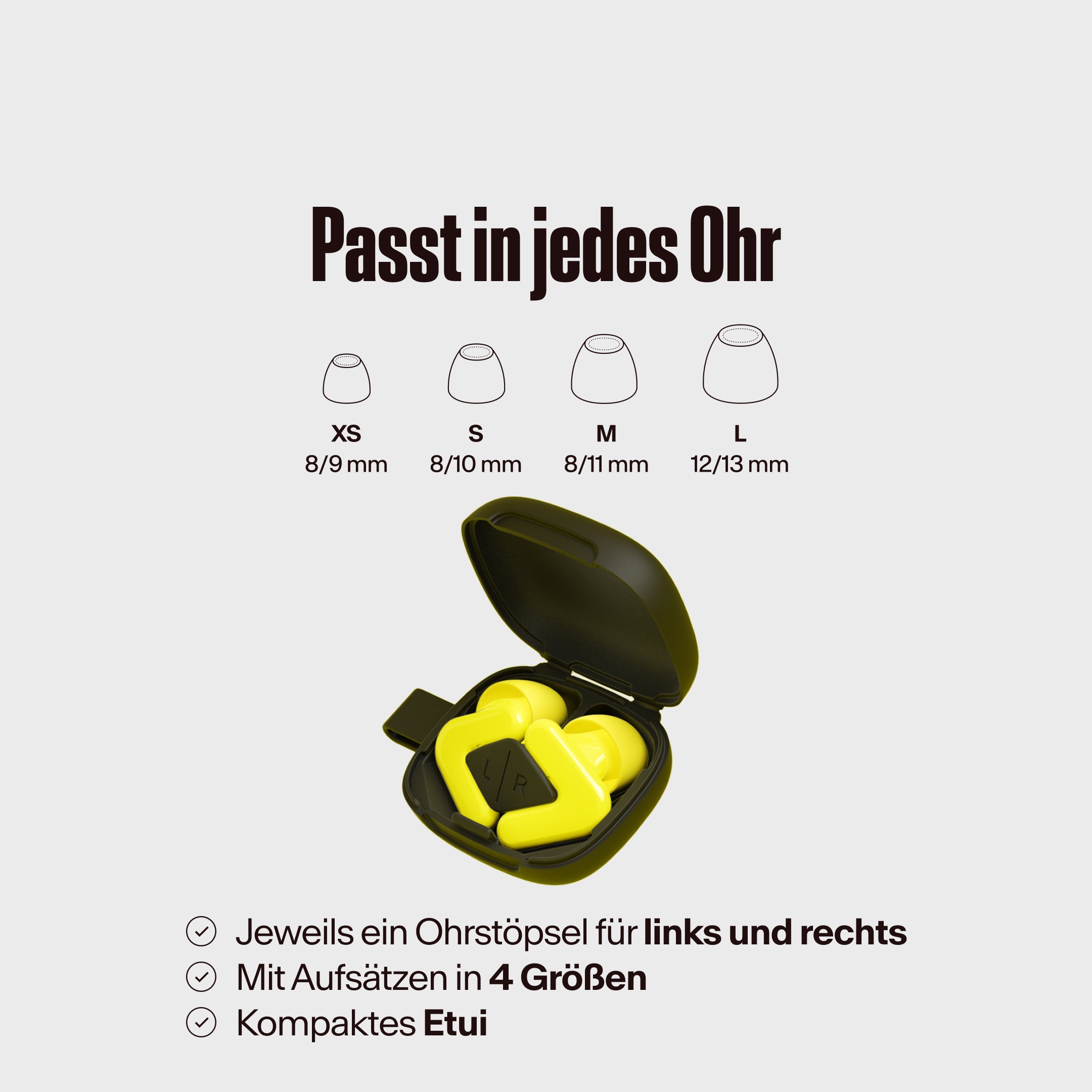 Alpine Tune in neon yellow im Etui mit verschiedenen Aufsatzgrößen