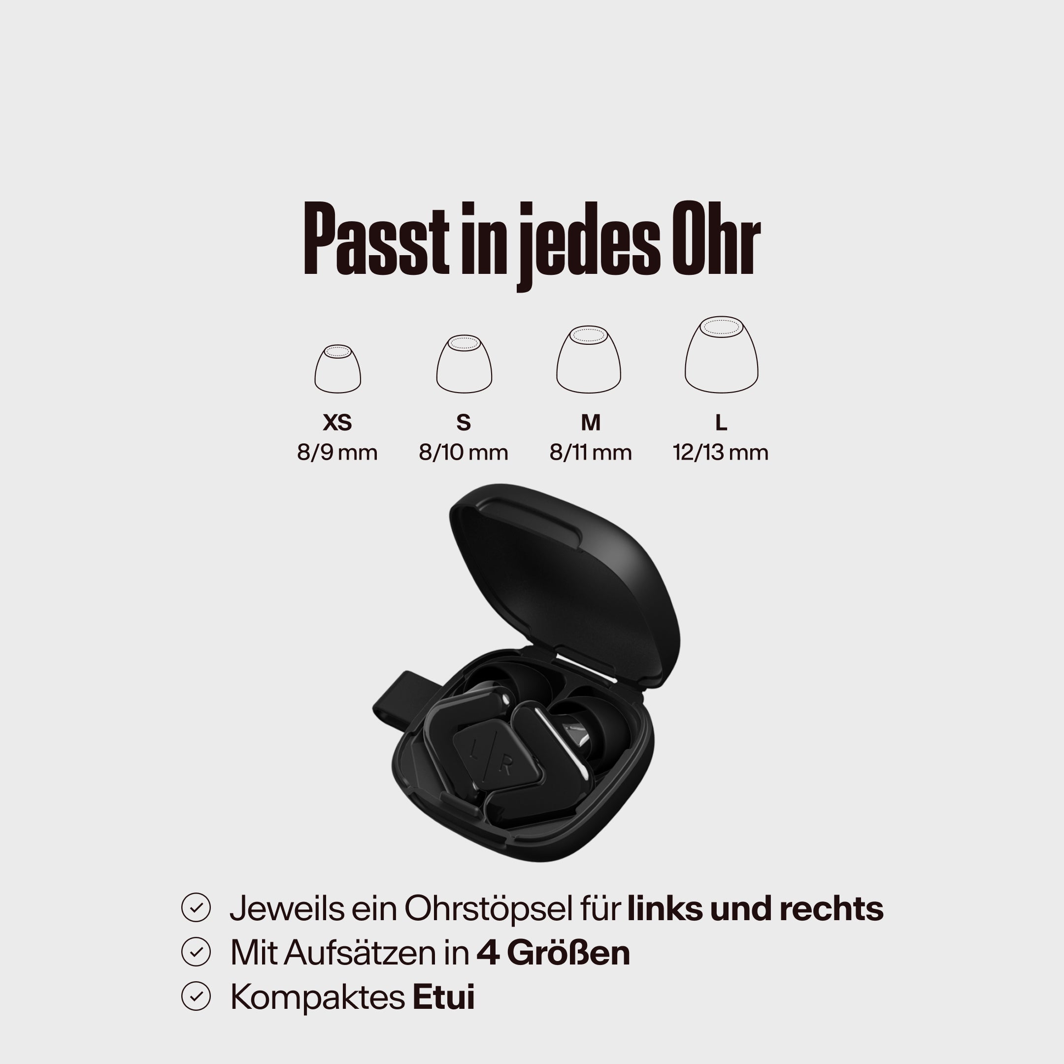 Alpine Tune in black im Etui mit verschiedenen Aufsatzgrößen