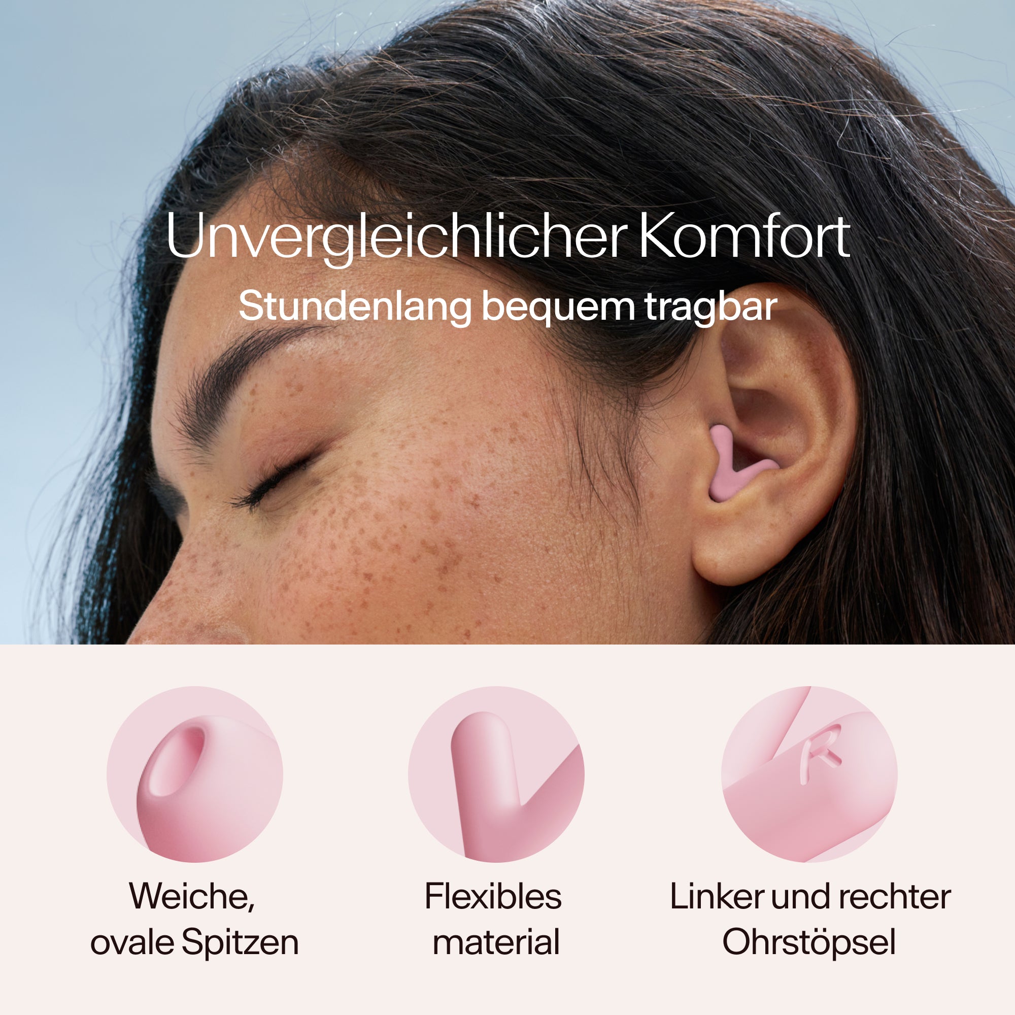 Nahaufnahme einer Person mit Alpine Silence Ohrstöpseln in Pink, mit Text über Komfort und Produktmerkmale 