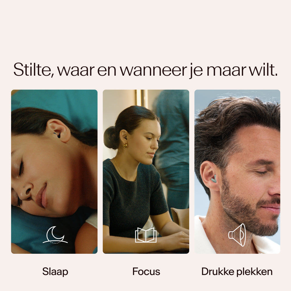 Drie mensen in verschillende staten van rust of concentratie, met Alpine Silence in groen, met tekst en iconen die &