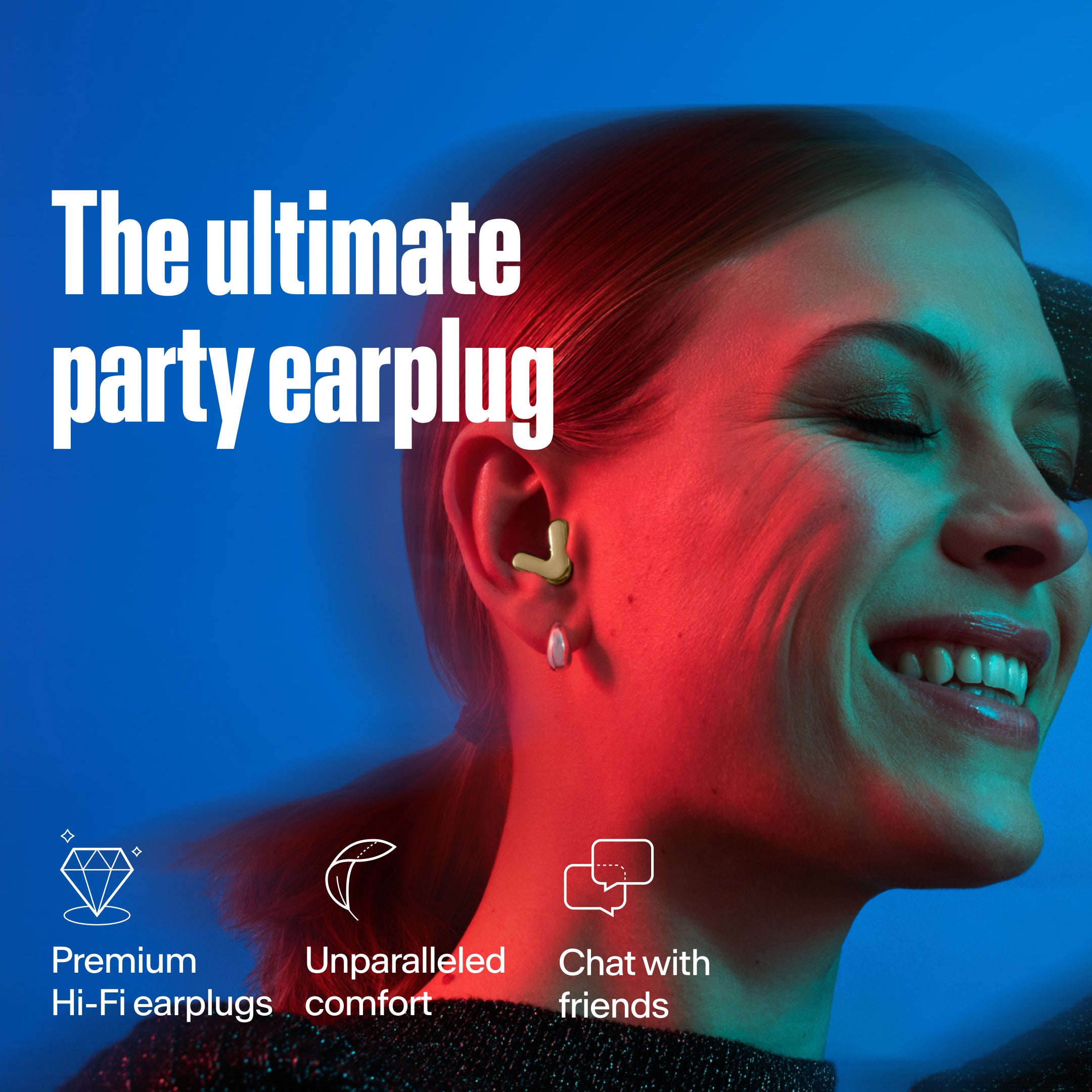 Woman wears Alpine Tune in gold – showcases advanced music filter USP 